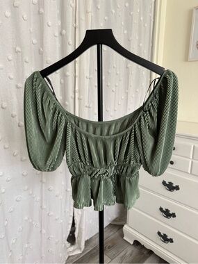 Forever 21 Sage Green Smocked Peplum Off-Shoulder Top